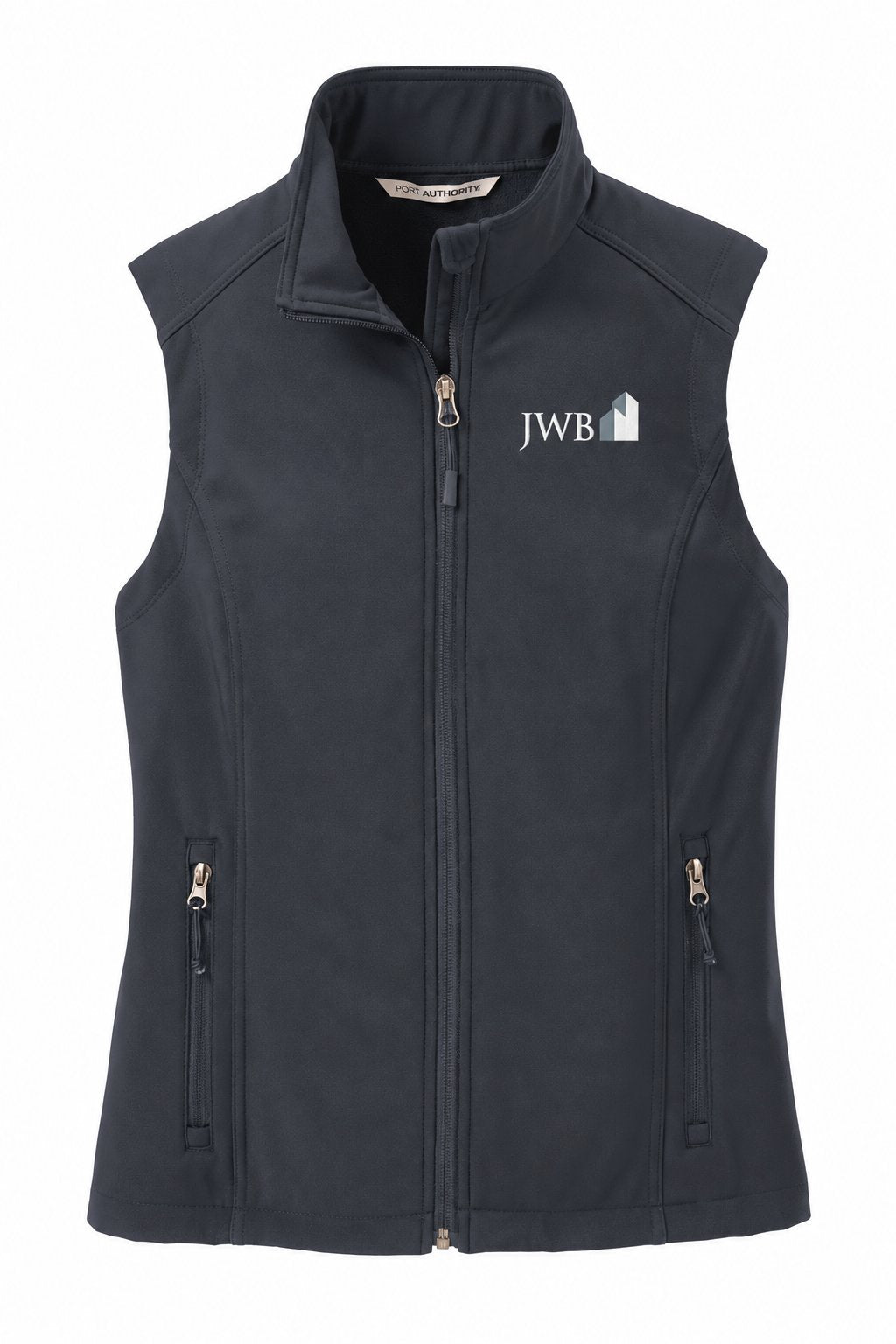 JWB women's grey vest with white left chest logo