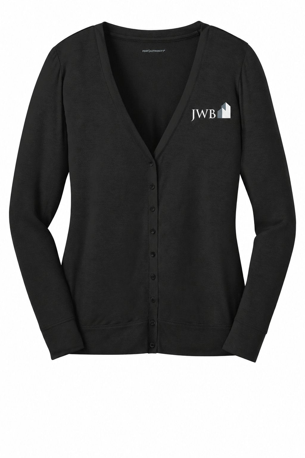 JWB black cardigan with white left chest logo