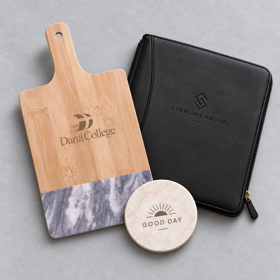 Custom engraved board, padfolio and coaster
