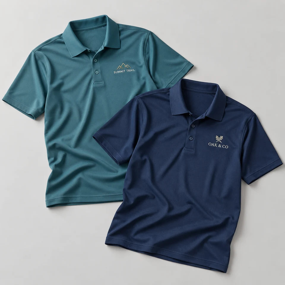 Teal and navy custom logo polo shirts