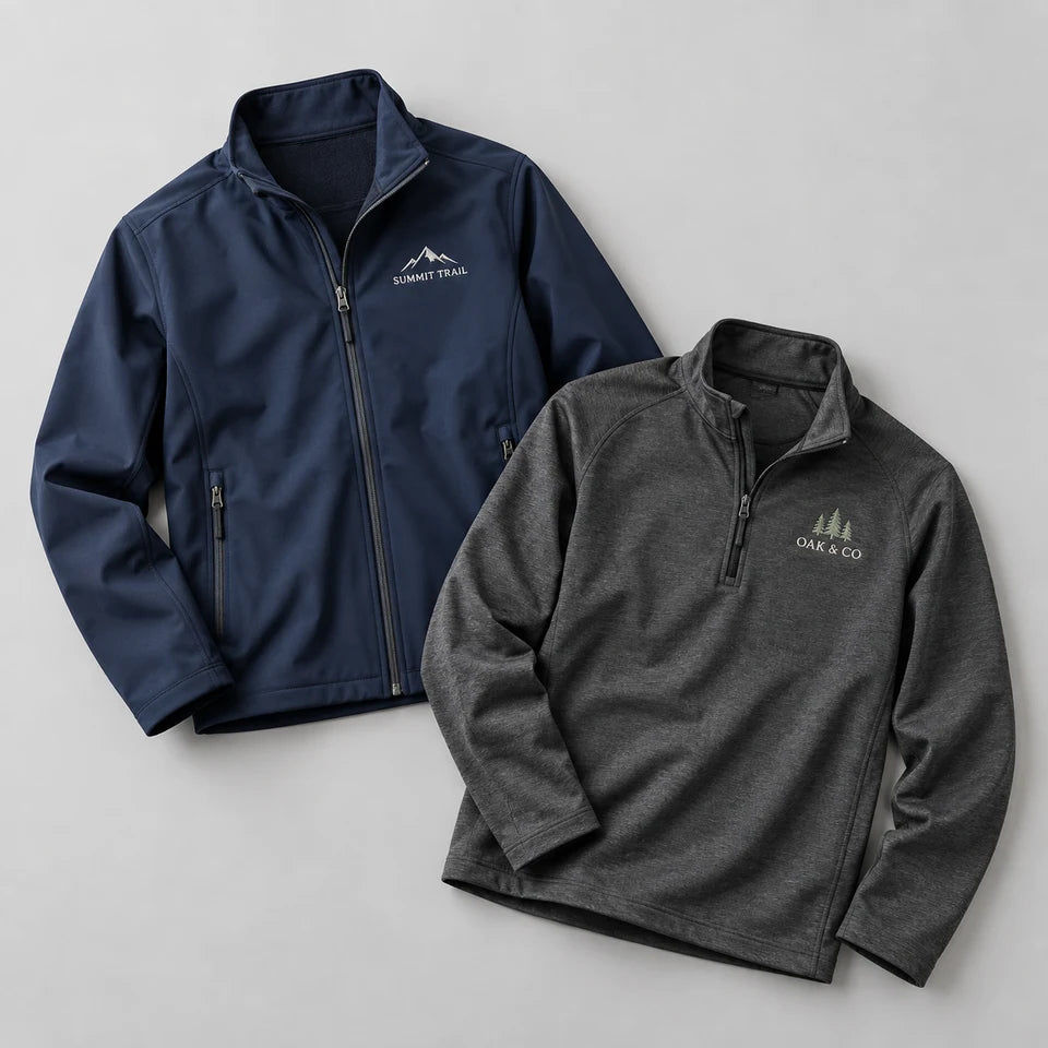 Custom branded navy and charcoal outerwear